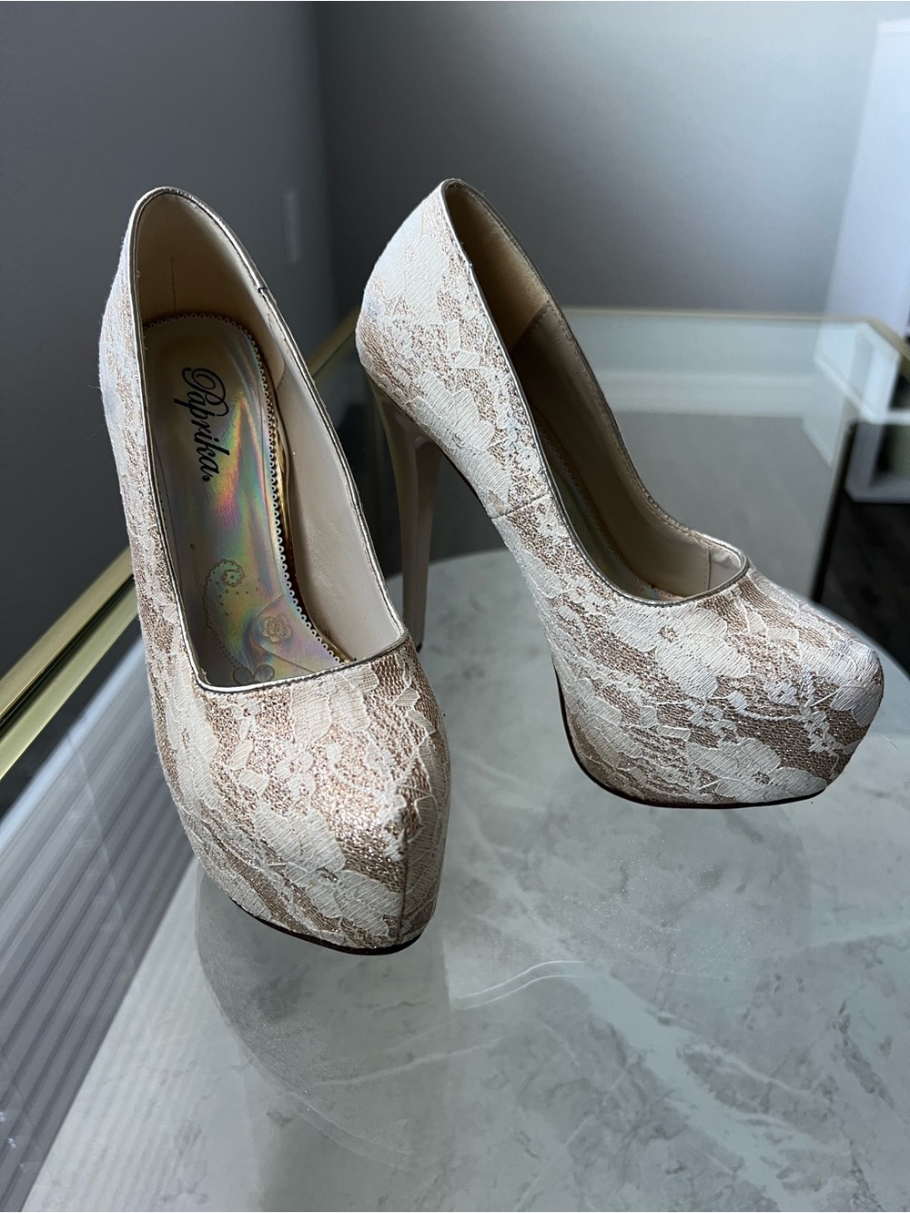 Paprika Lace Platform Pumps in Champagne Ivory